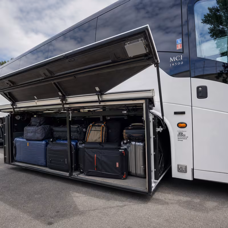 Party bus interior with wraparound leather seating and LED lighting in Myrtle Beach