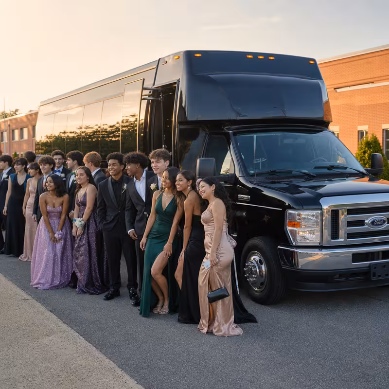 Group boarding a white charter bus for Prom & Homecoming Transportation transportation in Myrtle Beach