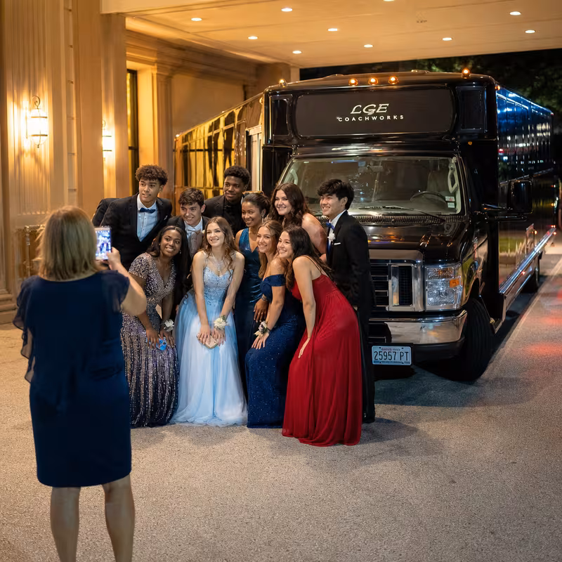 Party bus interior with wraparound leather seating and LED lighting in Myrtle Beach