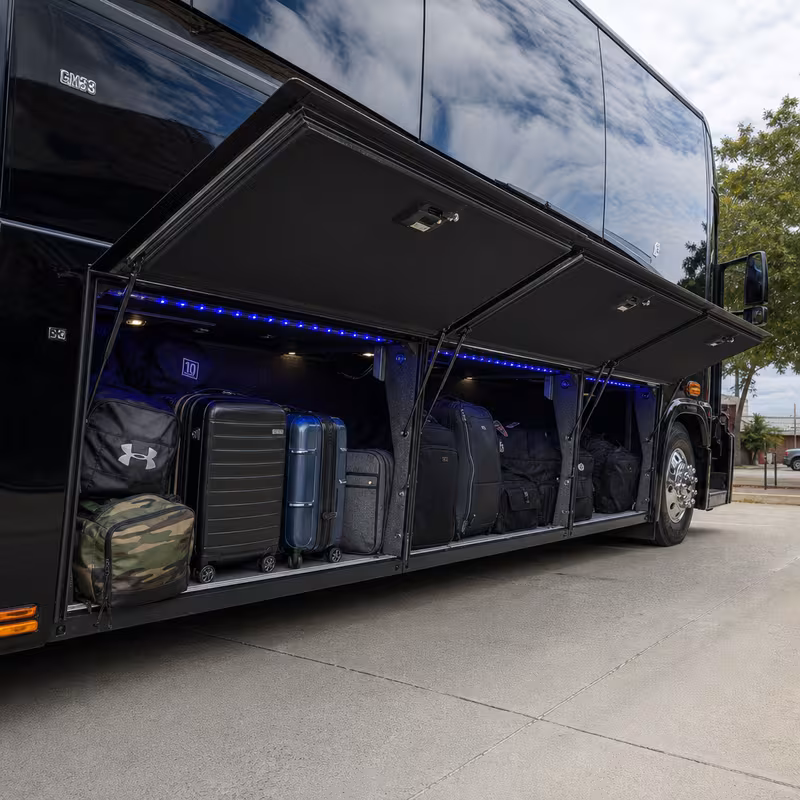 Party bus interior with wraparound leather seating and LED lighting in Myrtle Beach