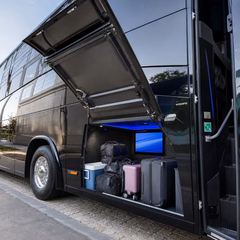 Party bus interior with wraparound leather seating and LED lighting in Myrtle Beach