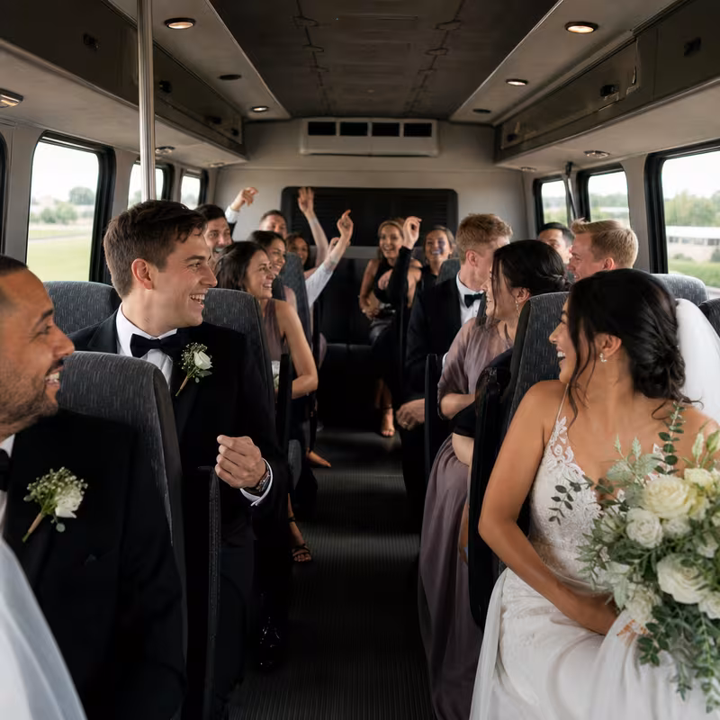 Group boarding a white charter bus for Wedding Transportation transportation in Myrtle Beach